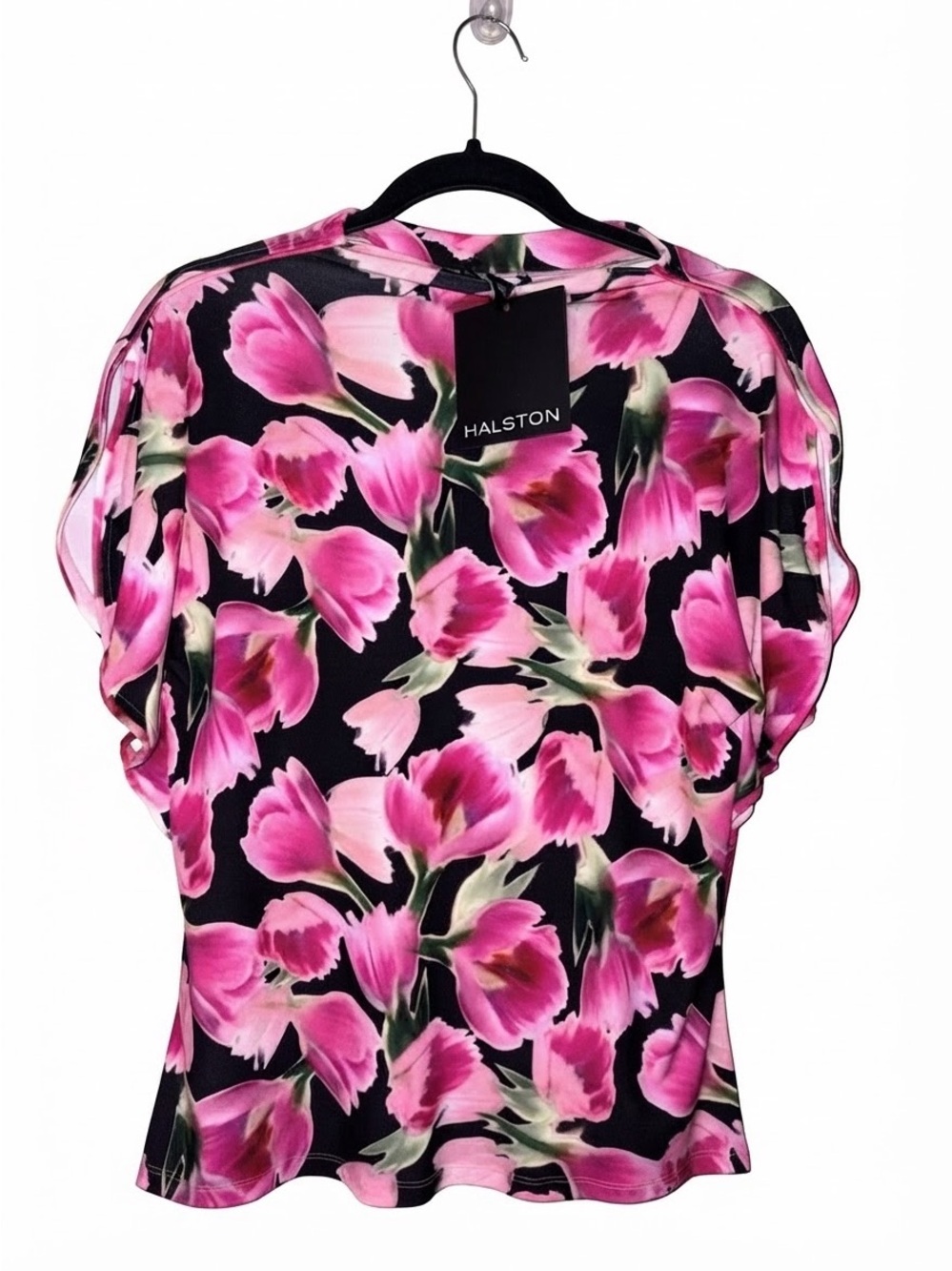 Halston Floral Pink Tulip Print Women's Top - Black Background